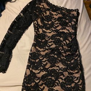 Bebe black and cream lace one shoulder dress
